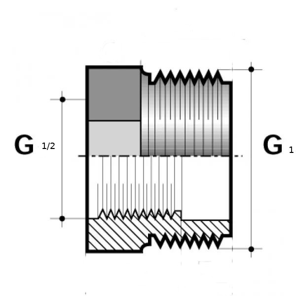 Внутреннее соединение g1. Резьба g1/2 наружный диаметр переходник. Муфта g1/2 х g1/2. Футорка 20х1.5 на к1/2 чертеж. Присоединительная резьба g1/2-b.